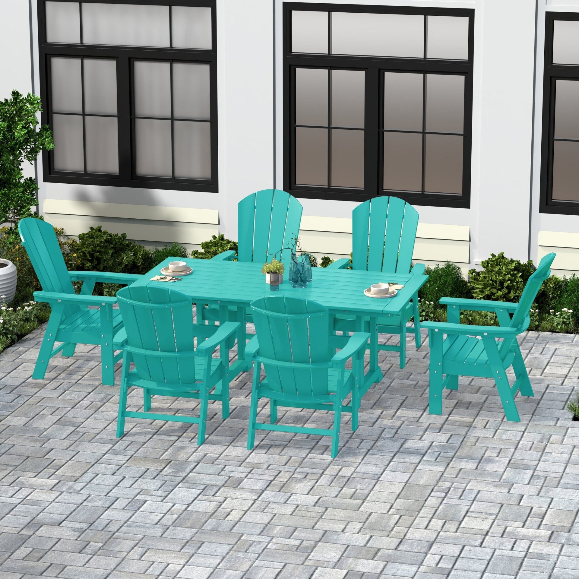 Polytrends Laguna Hdpe All Weather Outdoor Patio Rectangular Adirondack Dining Chairs With Table (7-Piece Set)