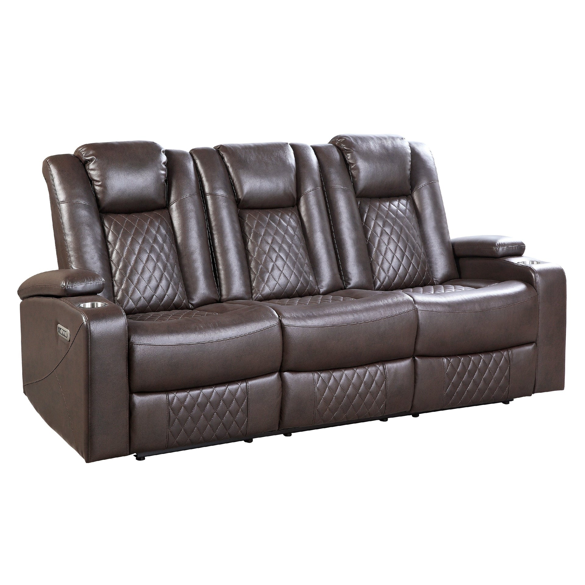 Power Recliner Sofa, 83 Inch, Brown Faux Leather, Drop Down Table