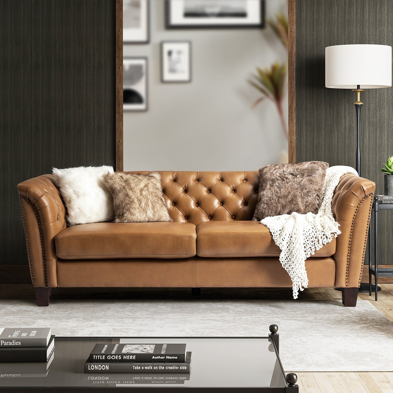 Regina 82.5 Tufted Genuine Leather Sofa Couch for Living Room By HULALA HOME