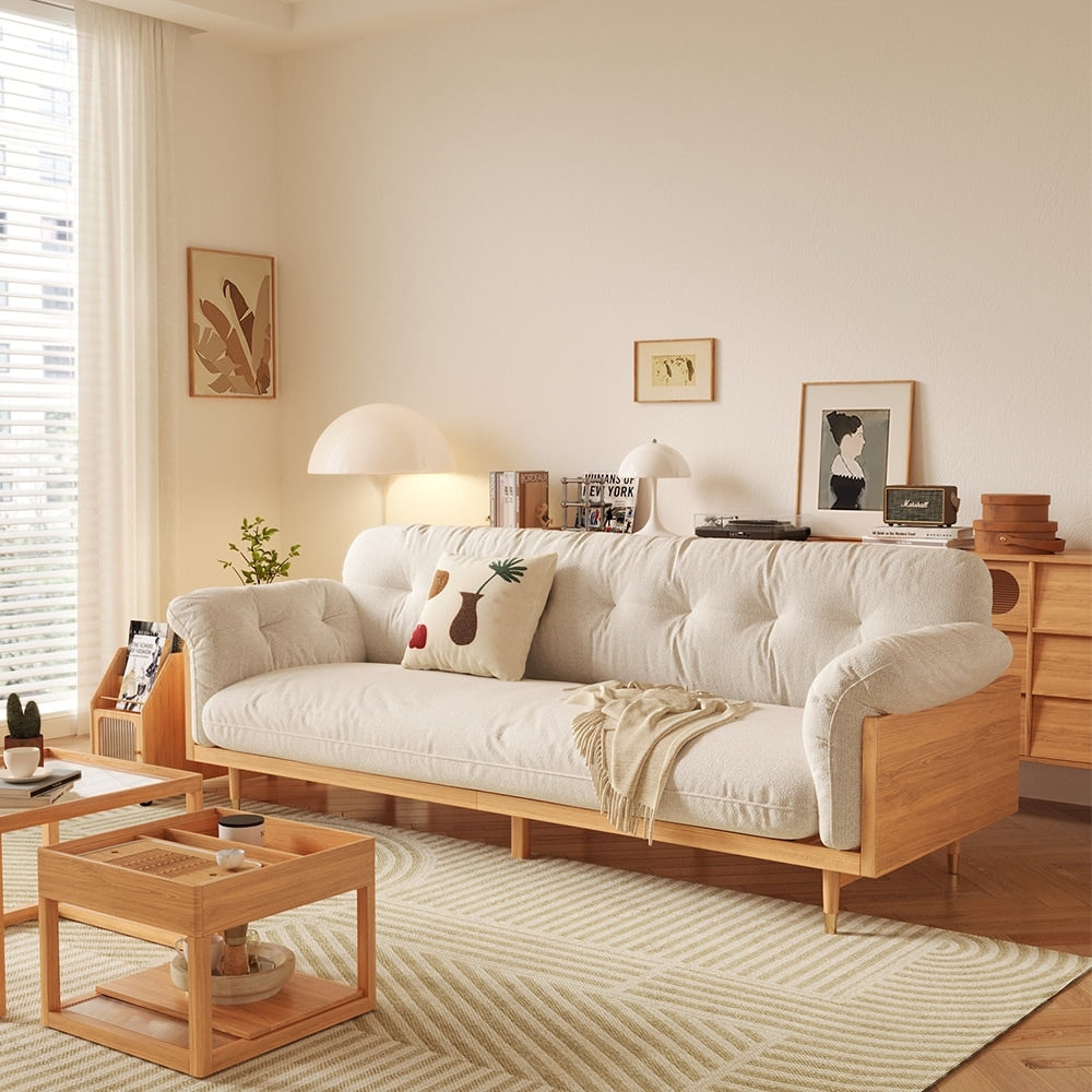 Romision Flared Arm linen Fabrics Three-Seater Rectangle Sofa in Beige