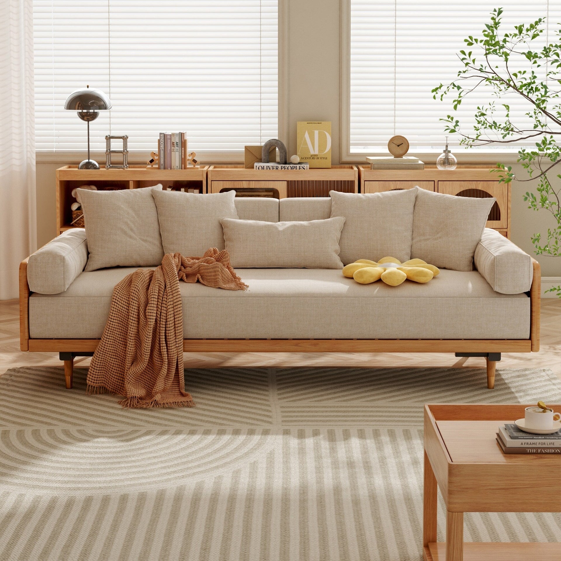 Romision Linen Fabric Three-Seater Rectangle Sofa