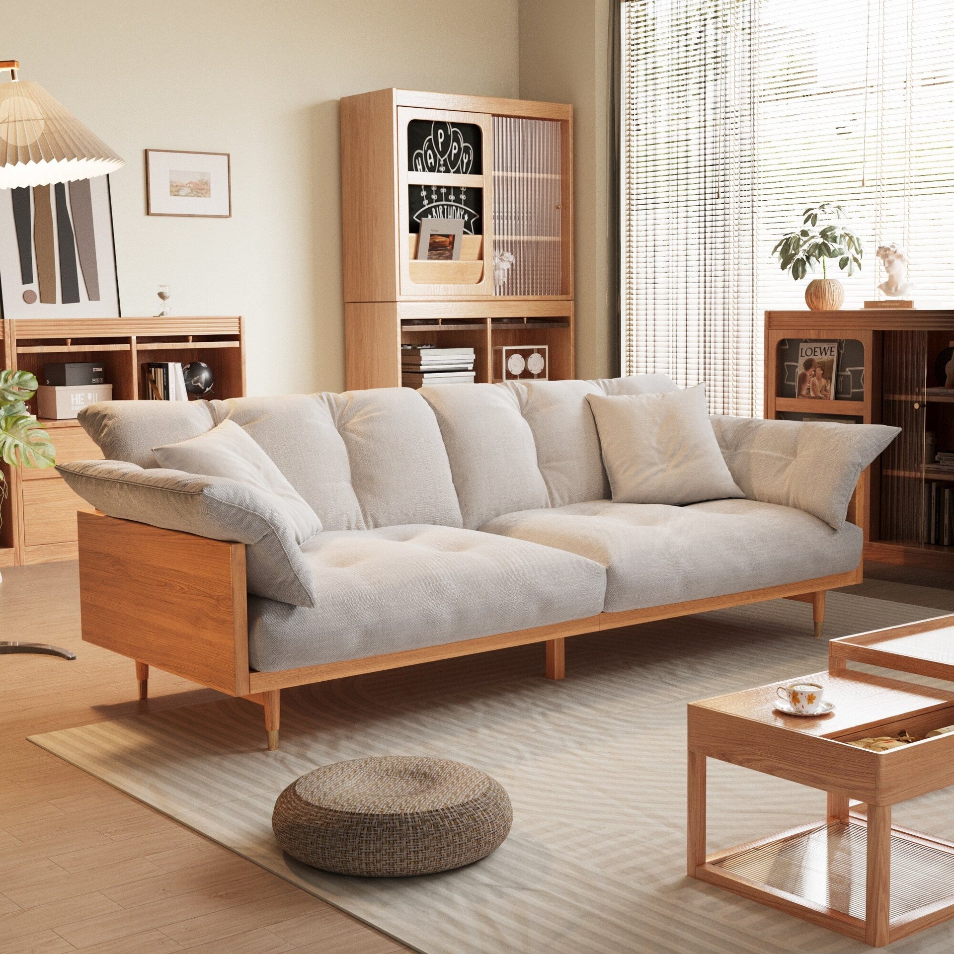 Romision Linen Fabrics Three-Seater Rectangle Sofa