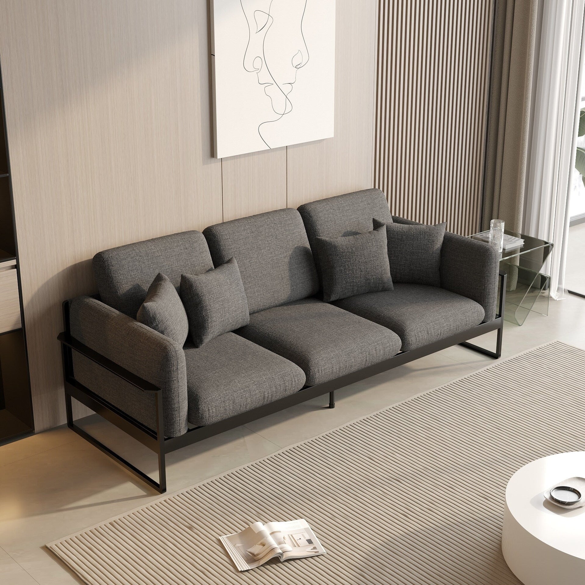 Romision Linen Rectangle Three-seater Sofa
