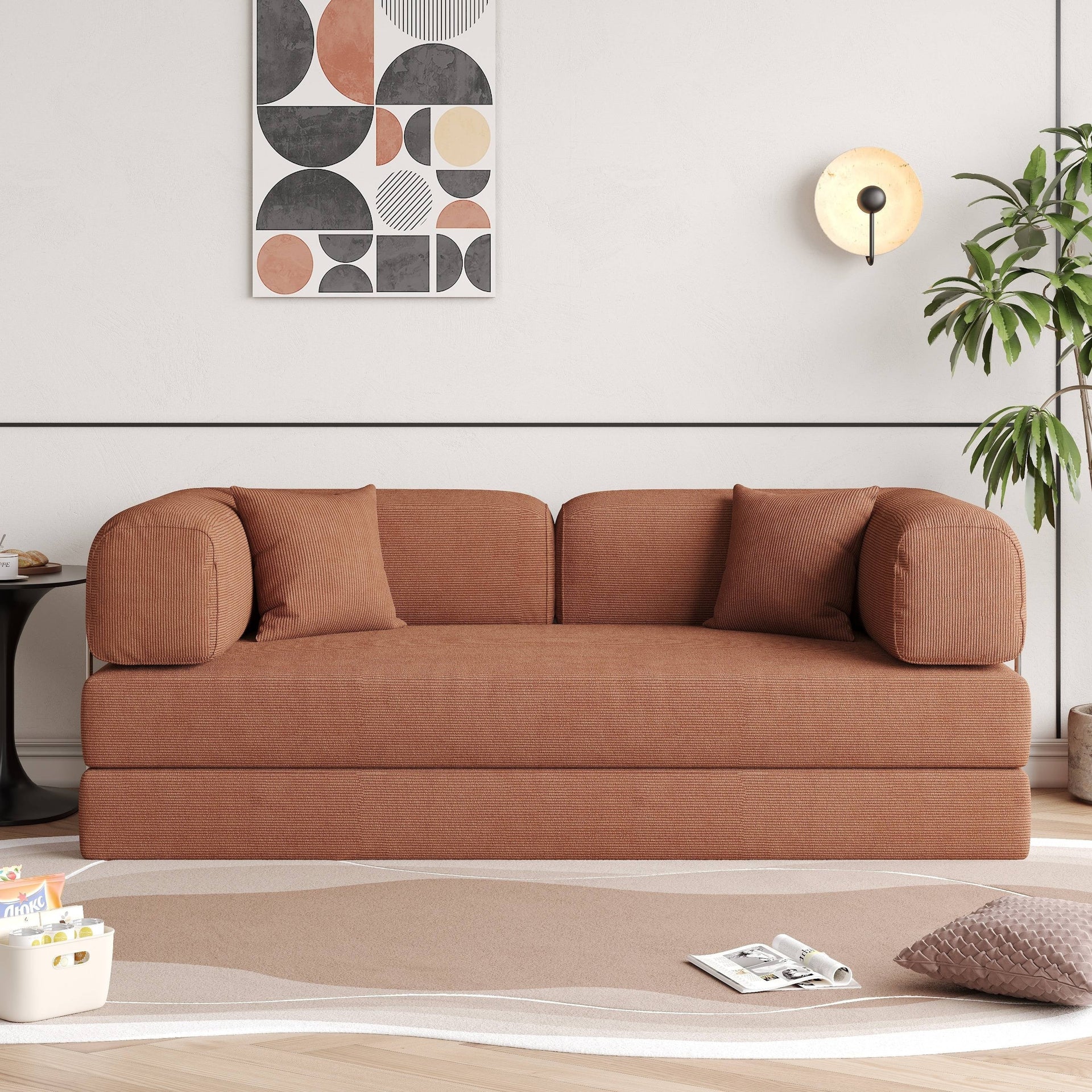 Romision Round Arm Corduroy Fabric Convertible Sleeper Rectangle Sofa
