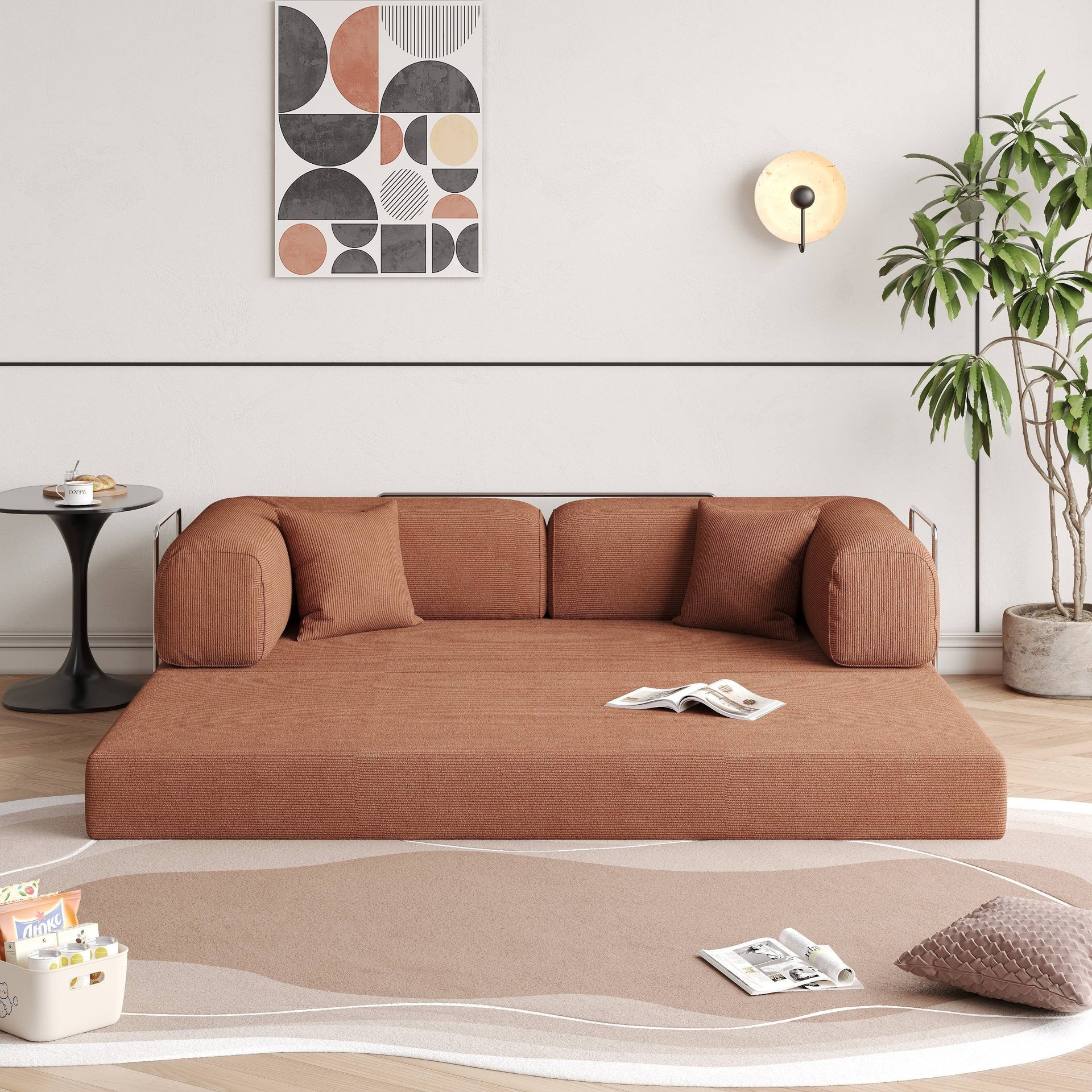 Romision Round Arm Corduroy Fabric Convertible Sleeper Rectangle Sofa