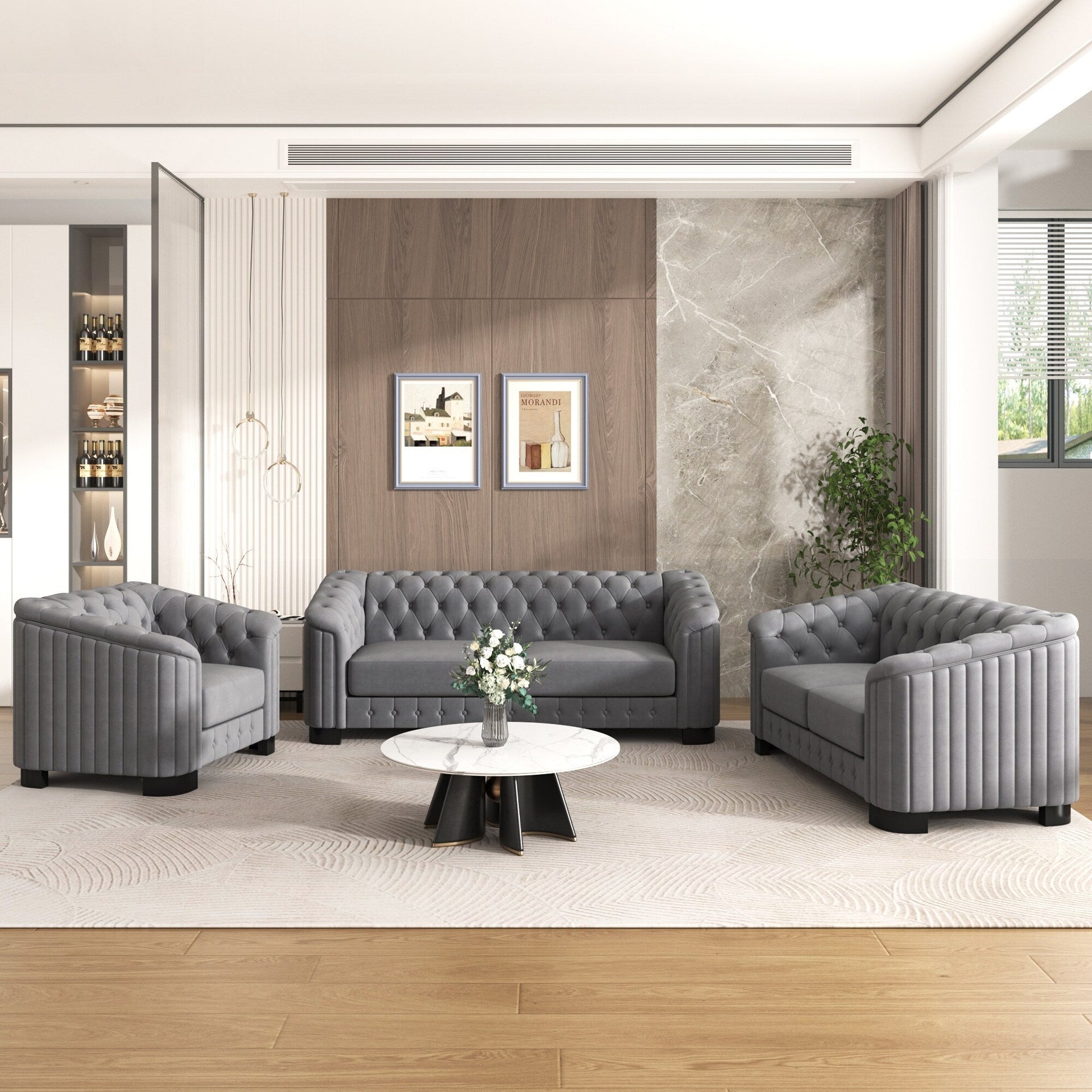 Roomfitters Modern 3-Piece Velvet Sofa Set with Rubber Wood Legs Includes Three-Seat Sofa Loveseat and Chair for Living Room