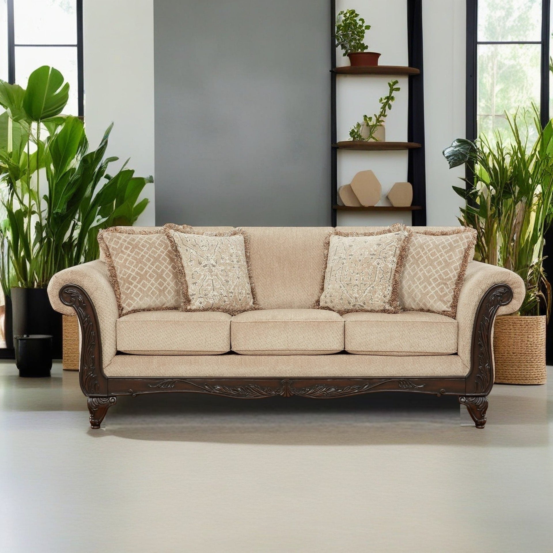 Roundhill Furniture Hernen Carved Wood Frame Sofa