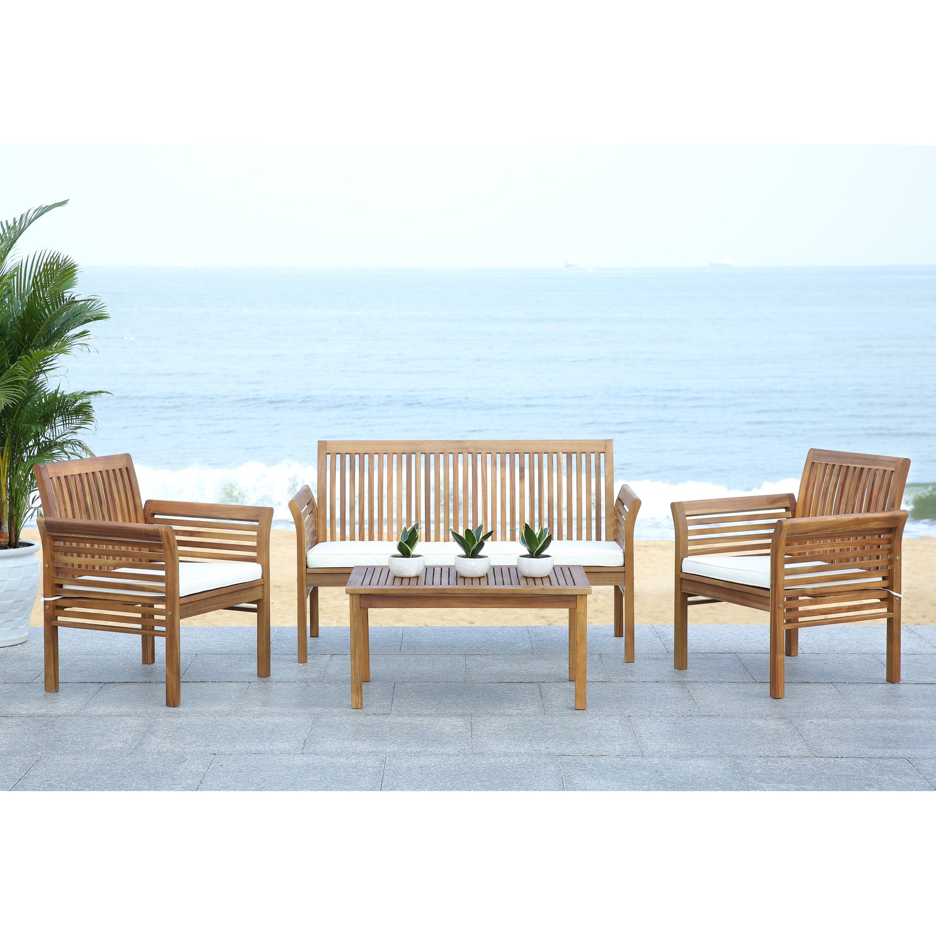 SAFAVIEH Carson Outdoor Acacia Solid Wood 4-Piece Conversation Patio Set - 50W x 24D x 30H
