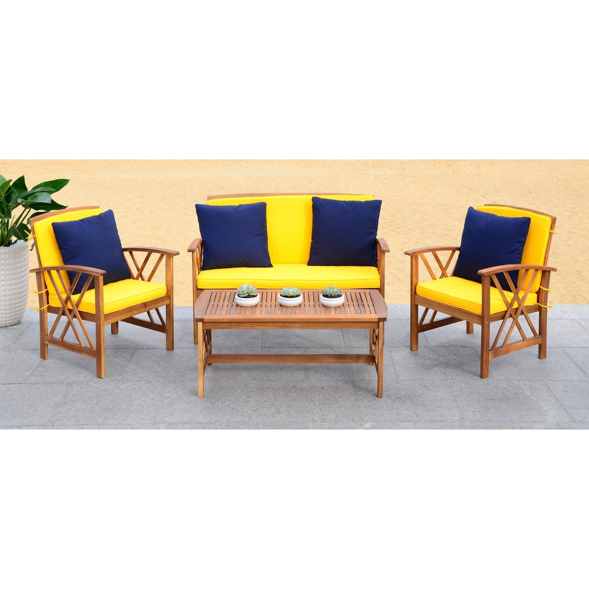 SAFAVIEH Fontana 4-piece Acacia Solid Wood Outdoor Conversation Patio Set - 47W x 26D x 33H