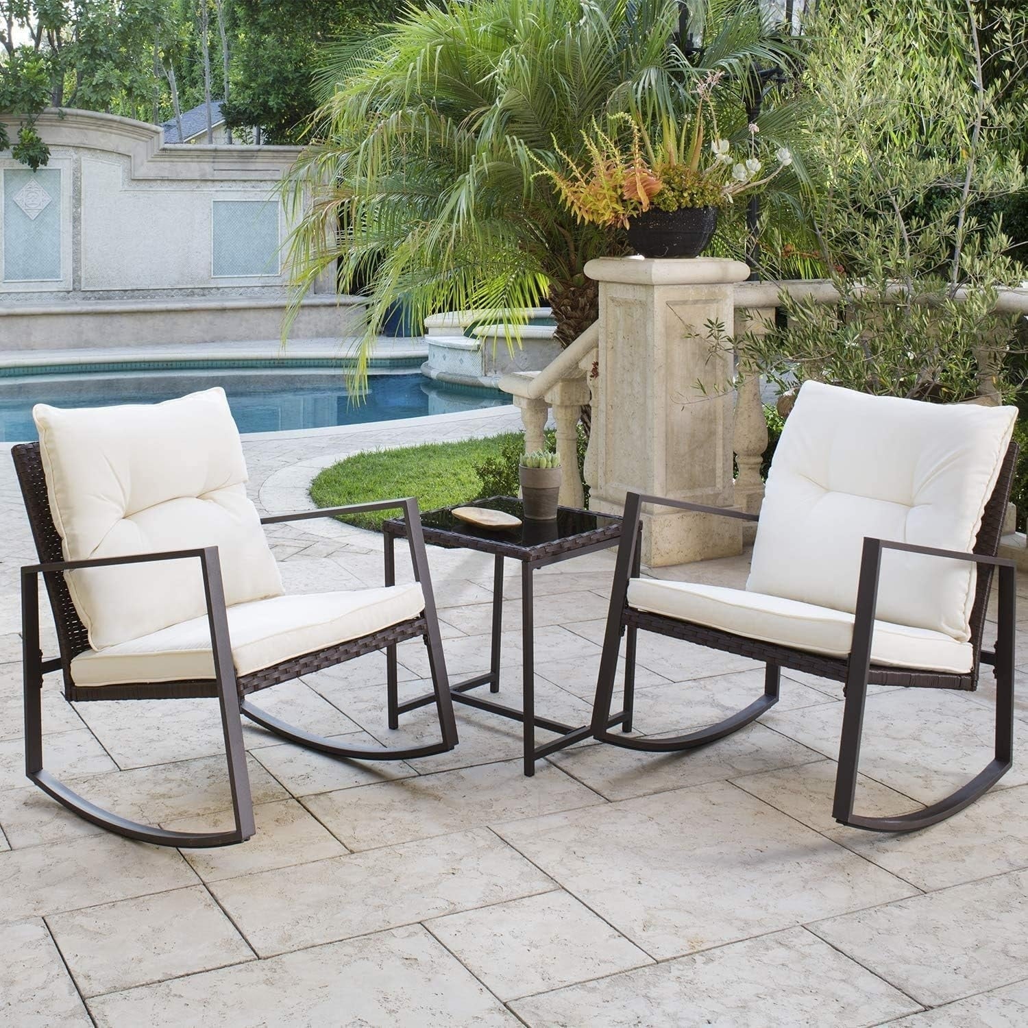 SUNCROWN 3-piece Outdoor Patio Brown/Black Wicker Rocking Chairs Conversation Bistro Set