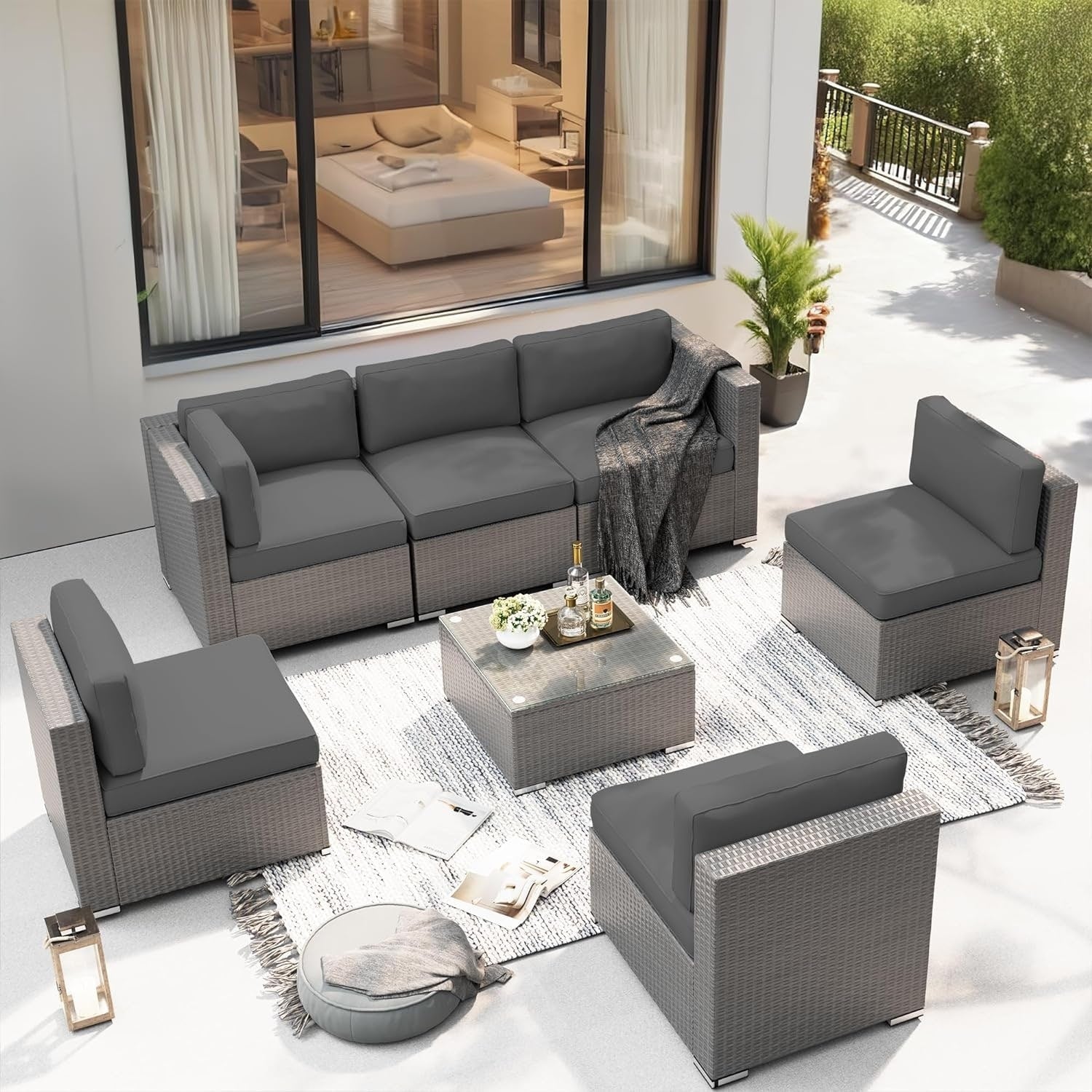 7-piece Outdoor Patio Grey Wicker Rattan Cushioned Sectional Sofa Conversation Set