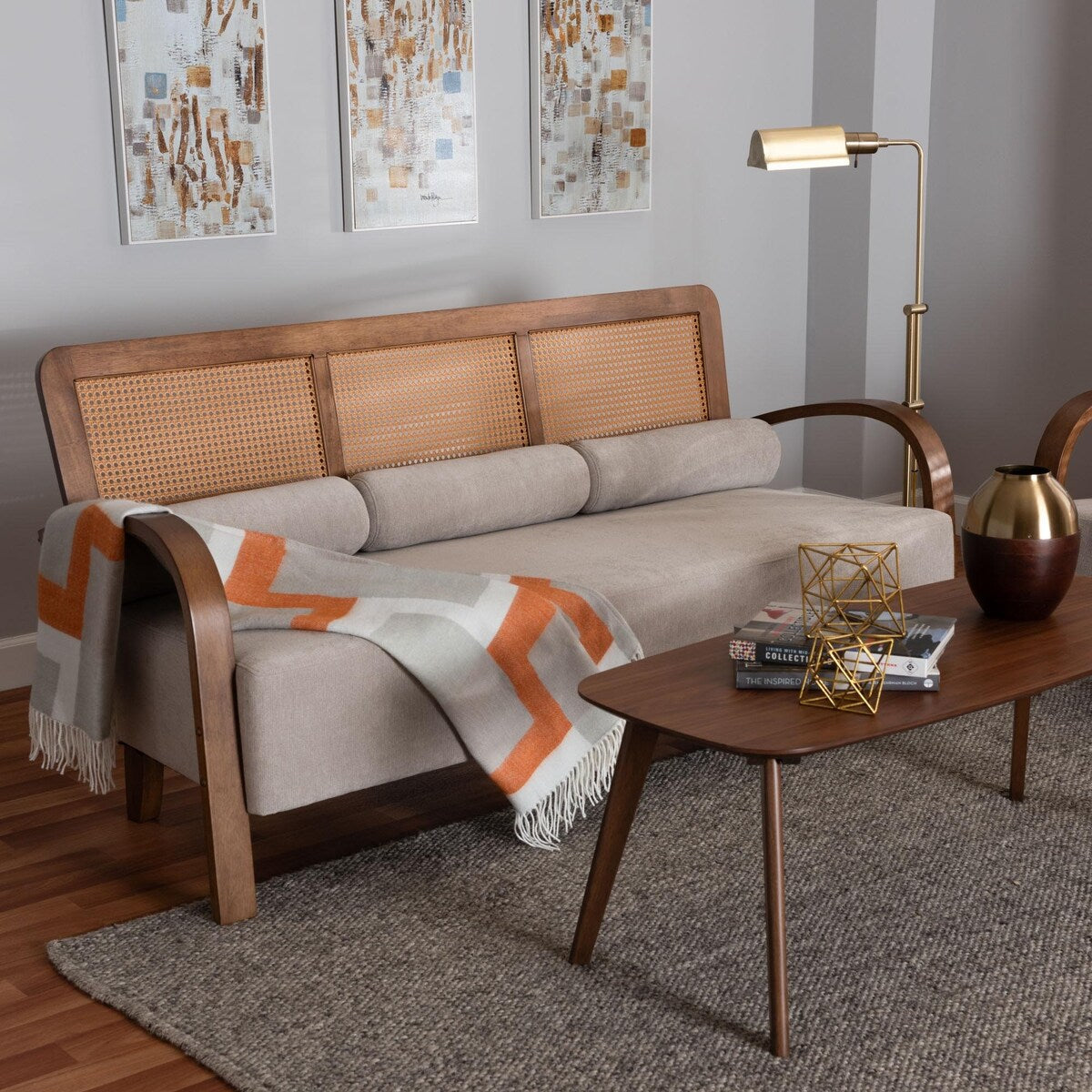 Sage Modern Japandi Light Grey Fabric and Walnut Brown Finished Wood Sofa with Woven Rattan