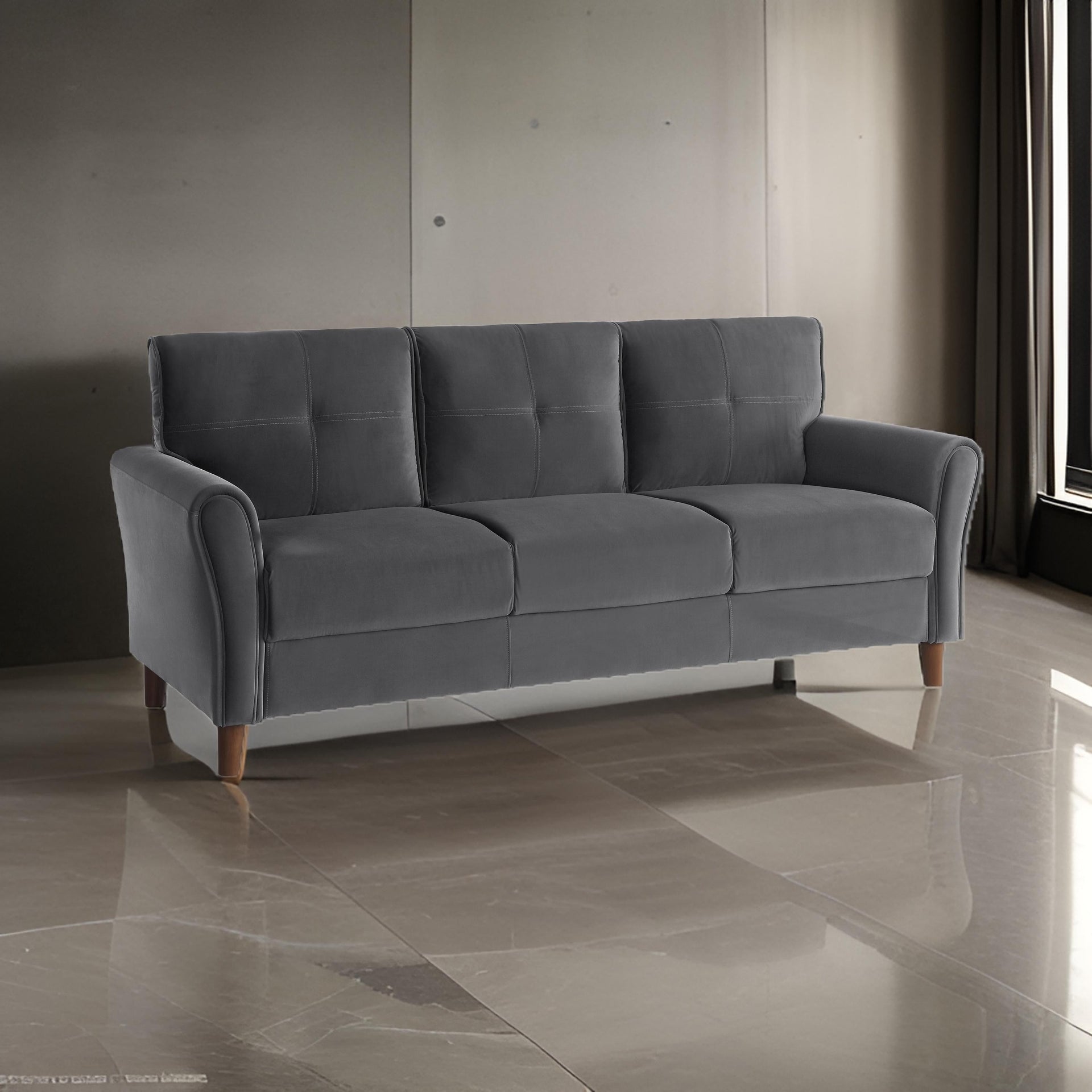 Sarah 80 Inch Sofa, Gray Velvet, Stitch Tufting, Reversible Cushions