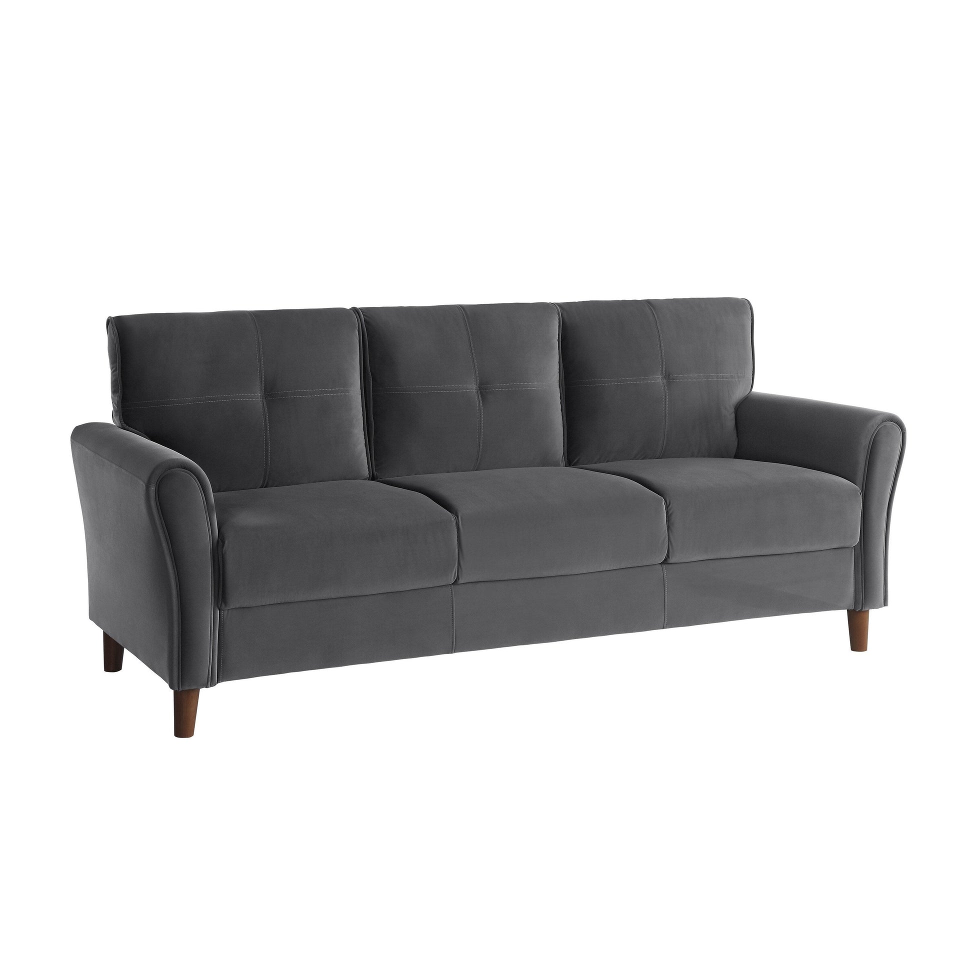 Sarah 80 Inch Sofa, Gray Velvet, Stitch Tufting, Reversible Cushions
