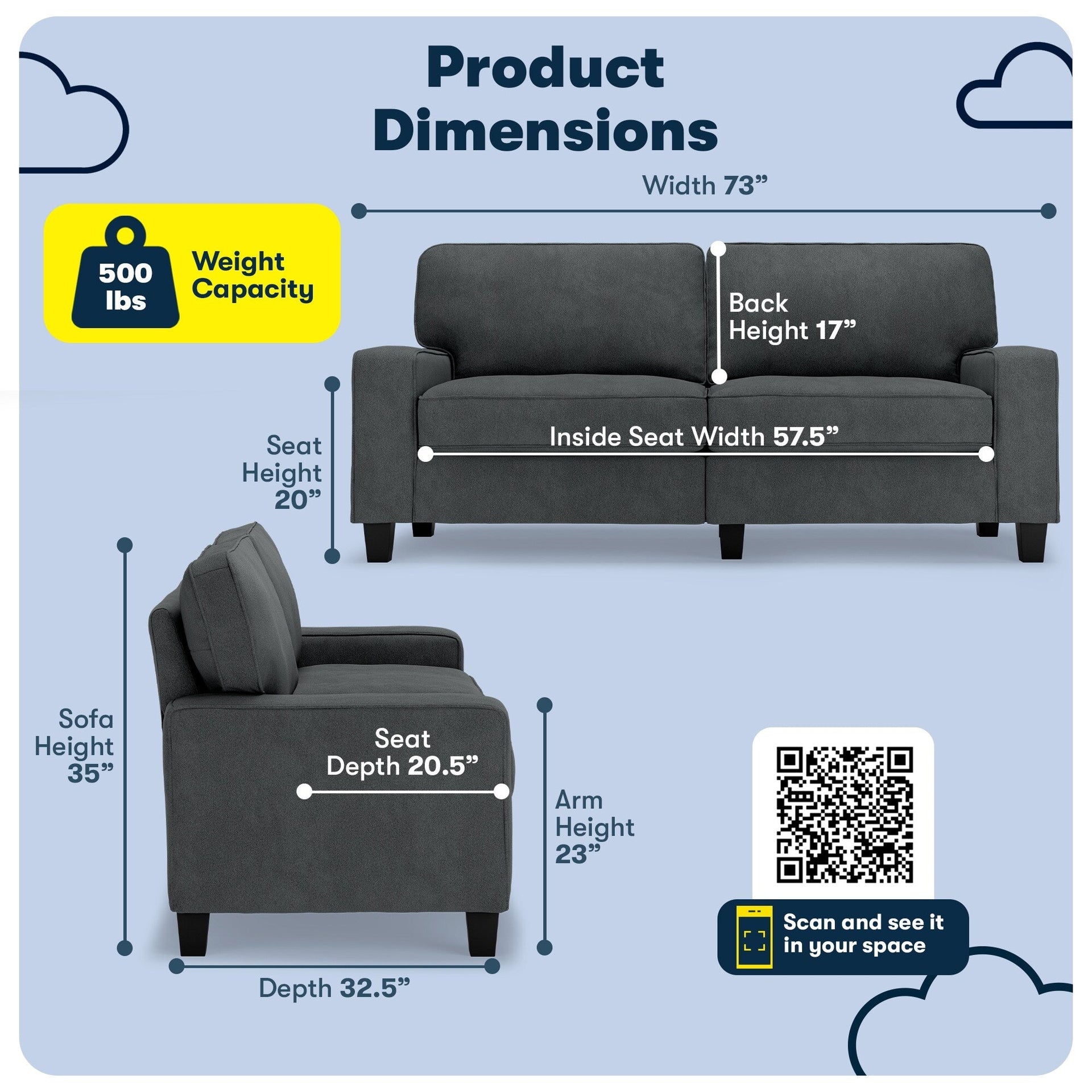 Serta Palisades 73 Track Arm Sofa, Easy Care Polyester, Soft Pillow Back, Pocket Coil Seat Cushions