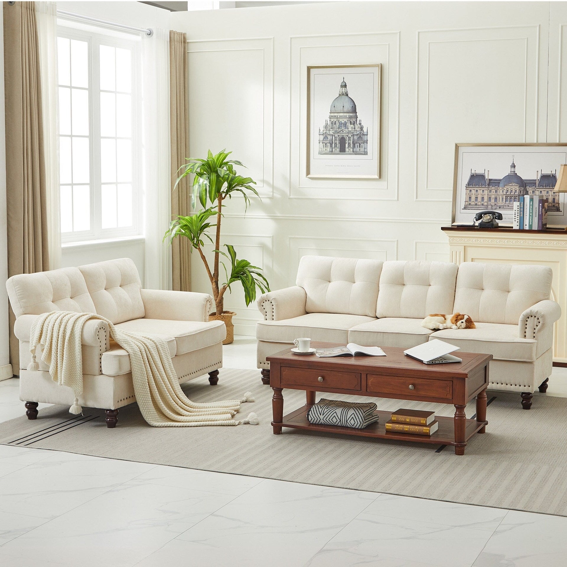 Set of 3 Chenille Sofa Set for Living Room, Button-Tufted & Nailhead Upholstery, Solid Rubberwood Legs