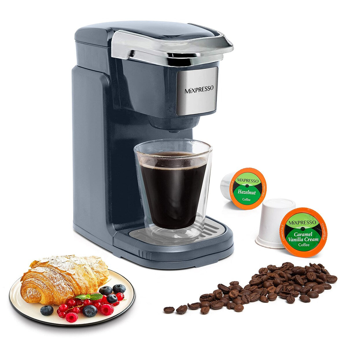 Single Cup Coffee Maker, Personal Single Serve Coffee Machine, Compatible with KCup,One Touch Function Grey Coffee Maker