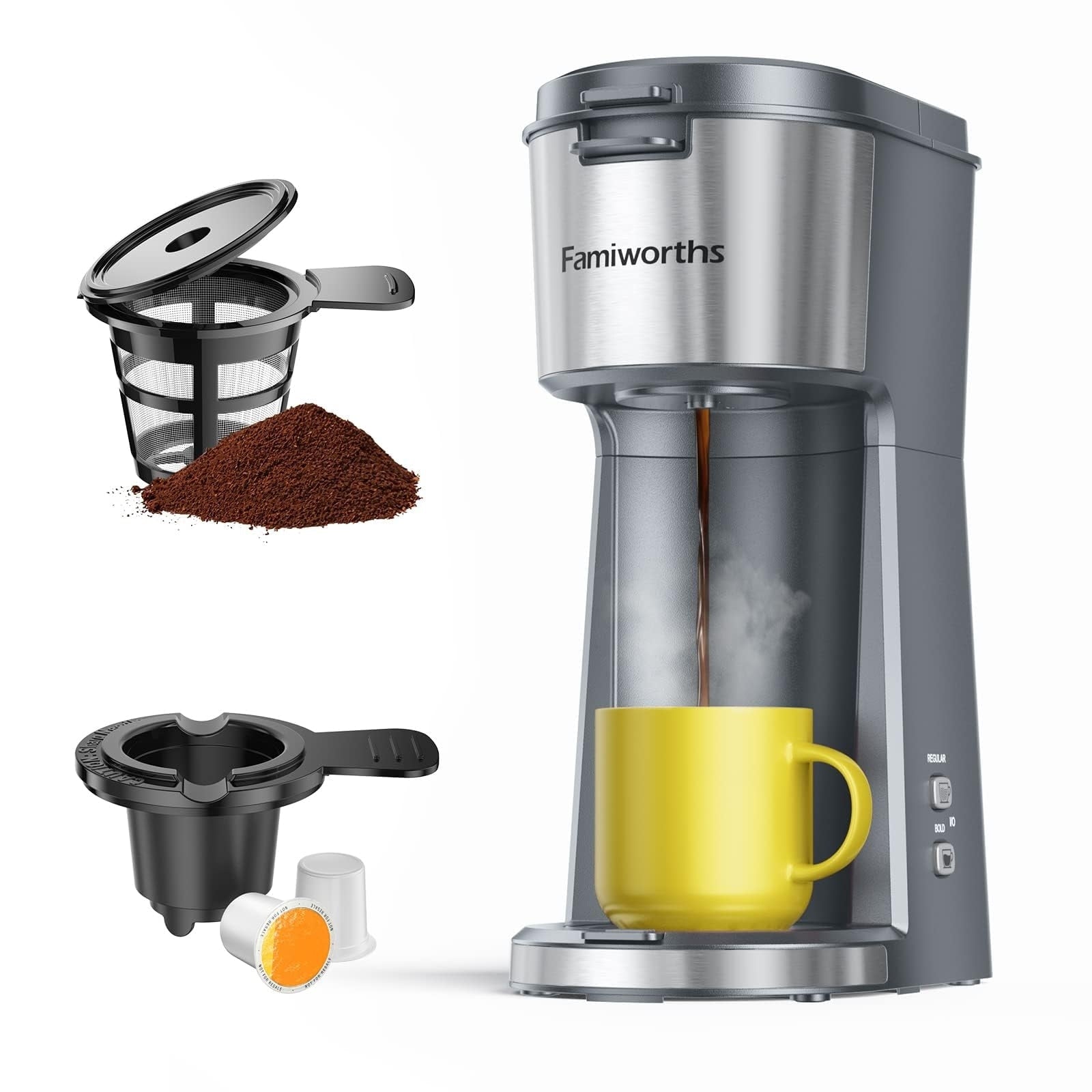 Single Serve Coffee Maker for K Cup & Ground Coffee, with Bold Brew, One Cup Coffee Maker, 6 to 14 oz. Brew Sizes