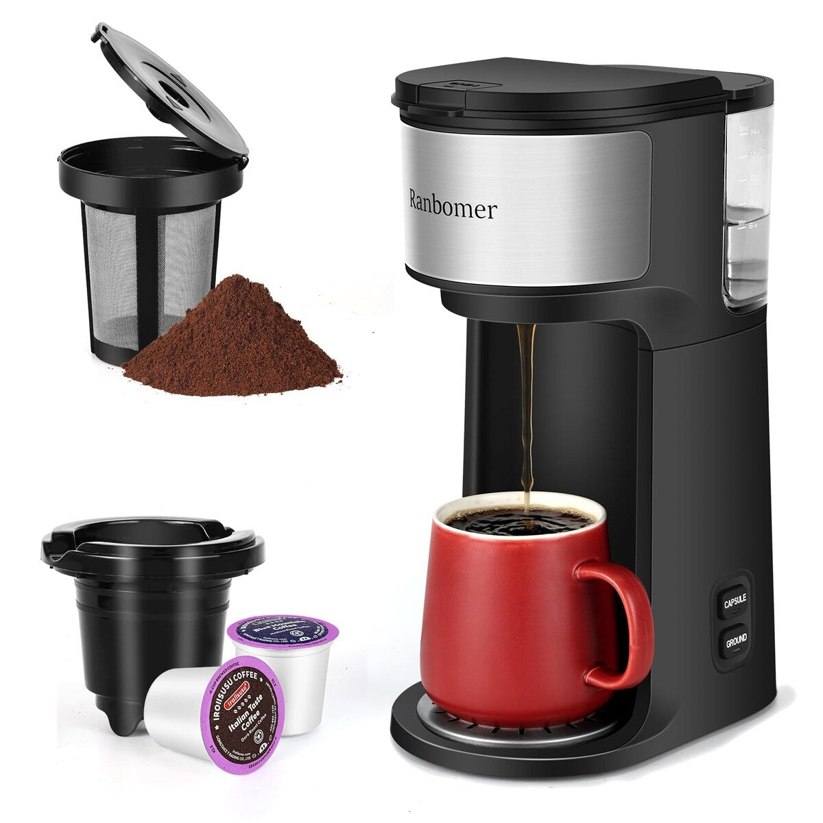 Single Serve Coffee Maker, K Cup and Ground Coffee Machine 2 in 1, 6 to 14 Oz Brew Sizes, Mini One Cup Coffee Maker