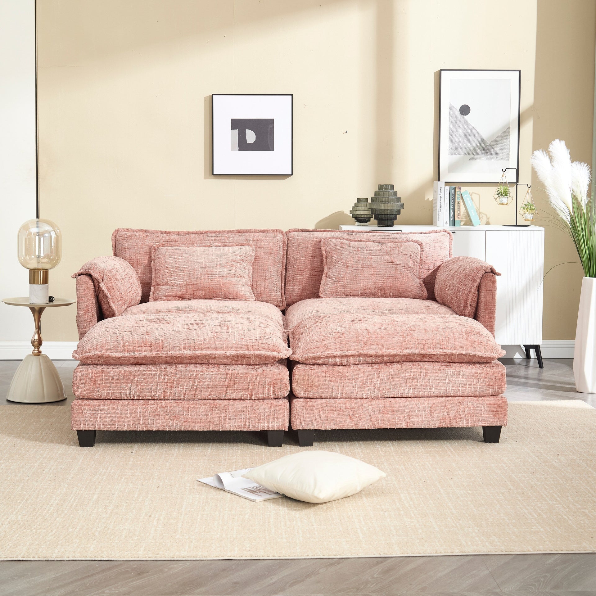 Solid Construction, the Overall Structure of the Sofa is Stable, Two Foot Stools and Two-seat Sofa with Side Pockets