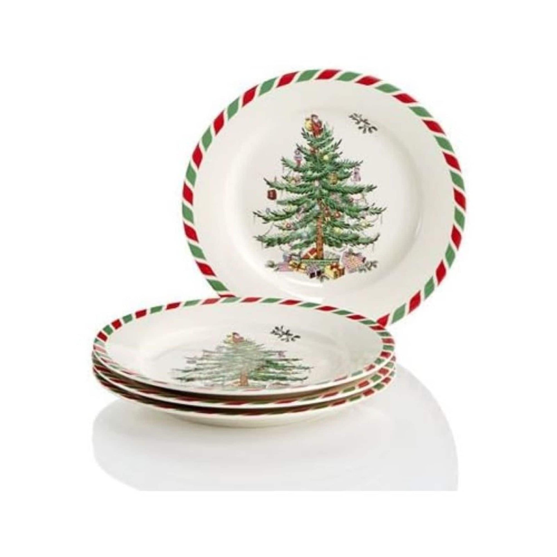 Spode Set of 4 Christmas Tree Candy Cane Dessert Plates - 8 D