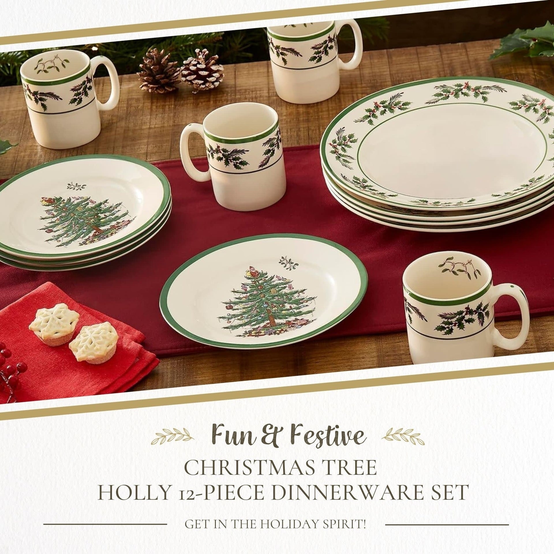 Spode Christmas Tree Holly Fine Earthenware 12-Piece Dinnerware Set