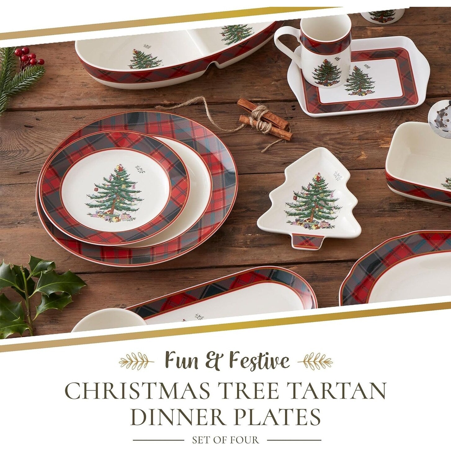 Spode Christmas Tree Set of 4 Tartan Dinner Plates - 10.5 inch