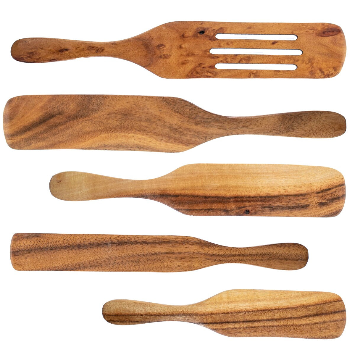 Spurtle Spoon Spatula Utensil - 5pc Set Teak Wood - Non Stick Wooden Cookware - Stir, Scrape, Flip, Drain, Fold & Smash. - Large