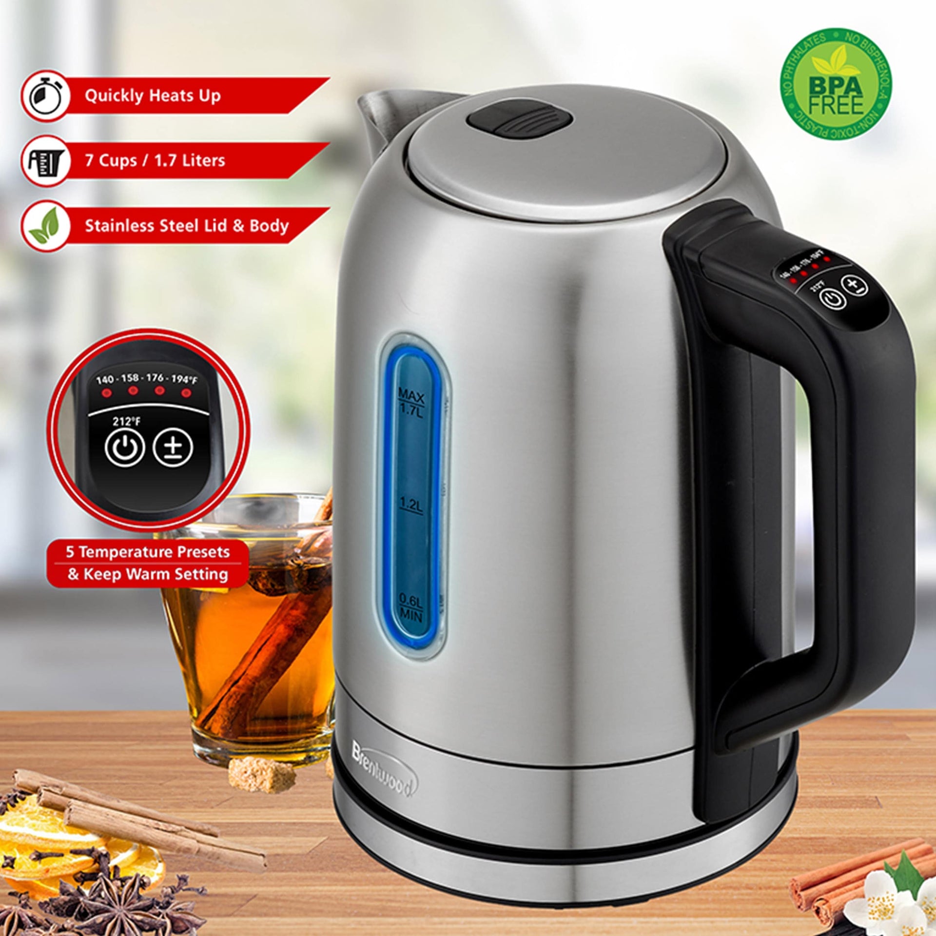 Stainless Steel 7.2 Cup Electric Kettle with 5 Presets