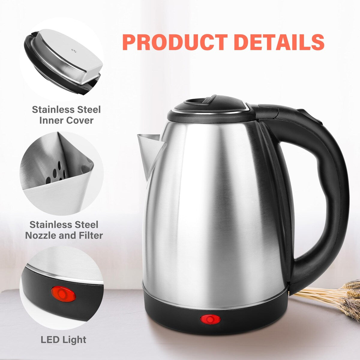 Stainless Steel Electric Tea Kettle, 1.7L Automatic Shut Off, 1000W, Silver (Black)