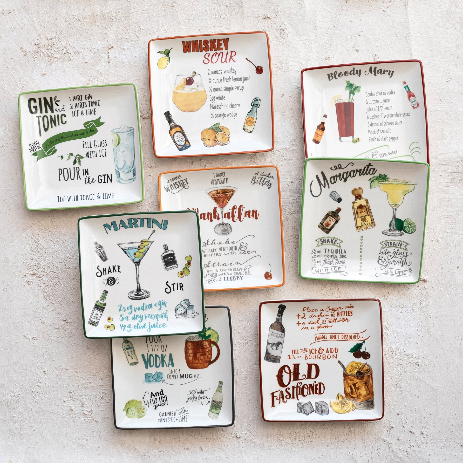 Stoneware Plate Set with Cocktail Recipes Design - 6.0L x 6.0W x 0.5H