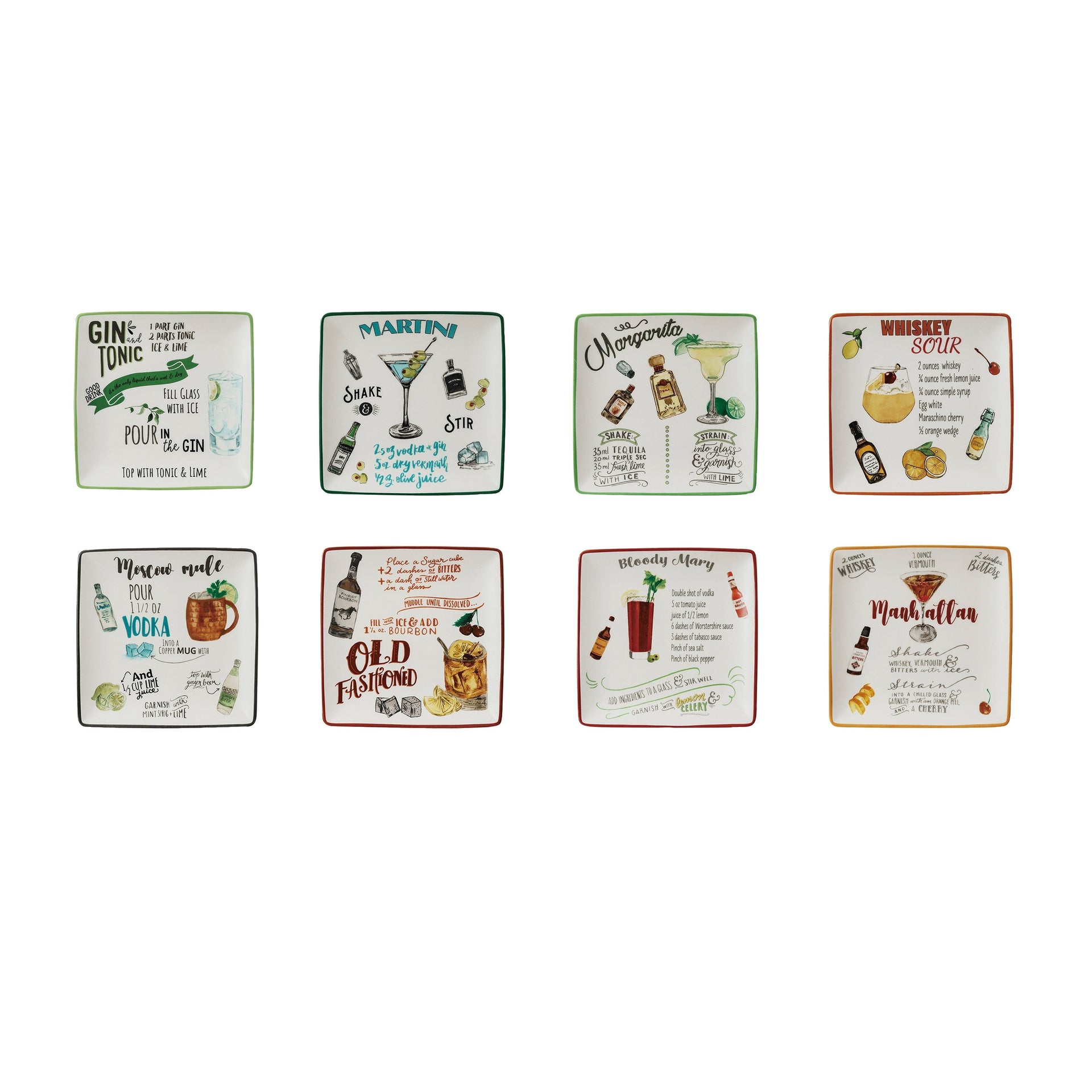 Stoneware Plate Set with Cocktail Recipes Design - 6.0L x 6.0W x 0.5H