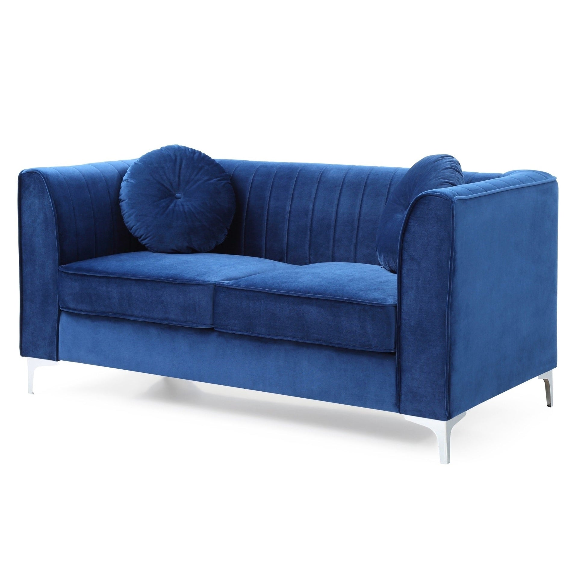 Velvet Microsuede Channel Tufted Loveseat with Throw Pillows - 65 - Blue