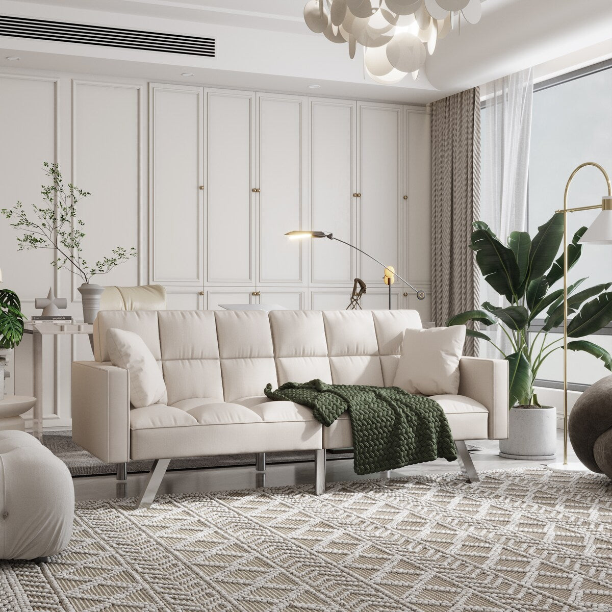 Velvet Sofa Couch Bed with Armrests and 2 Pillows