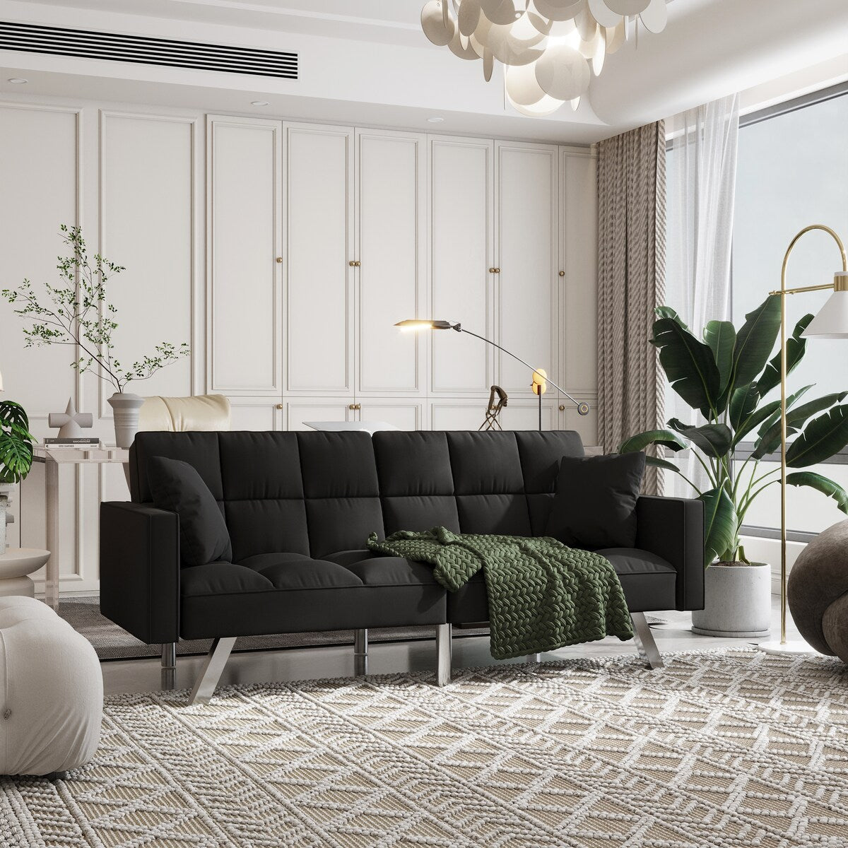 Velvet Sofa Couch Bed with Armrests and 2 Pillows