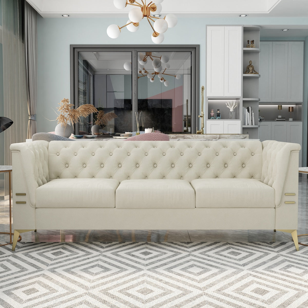 Velvet Upholstered 3-Seater Sofa Modern Living Room Couch Sofa with Deep Button Tufting Sofa and Metal Legs, Square Arms