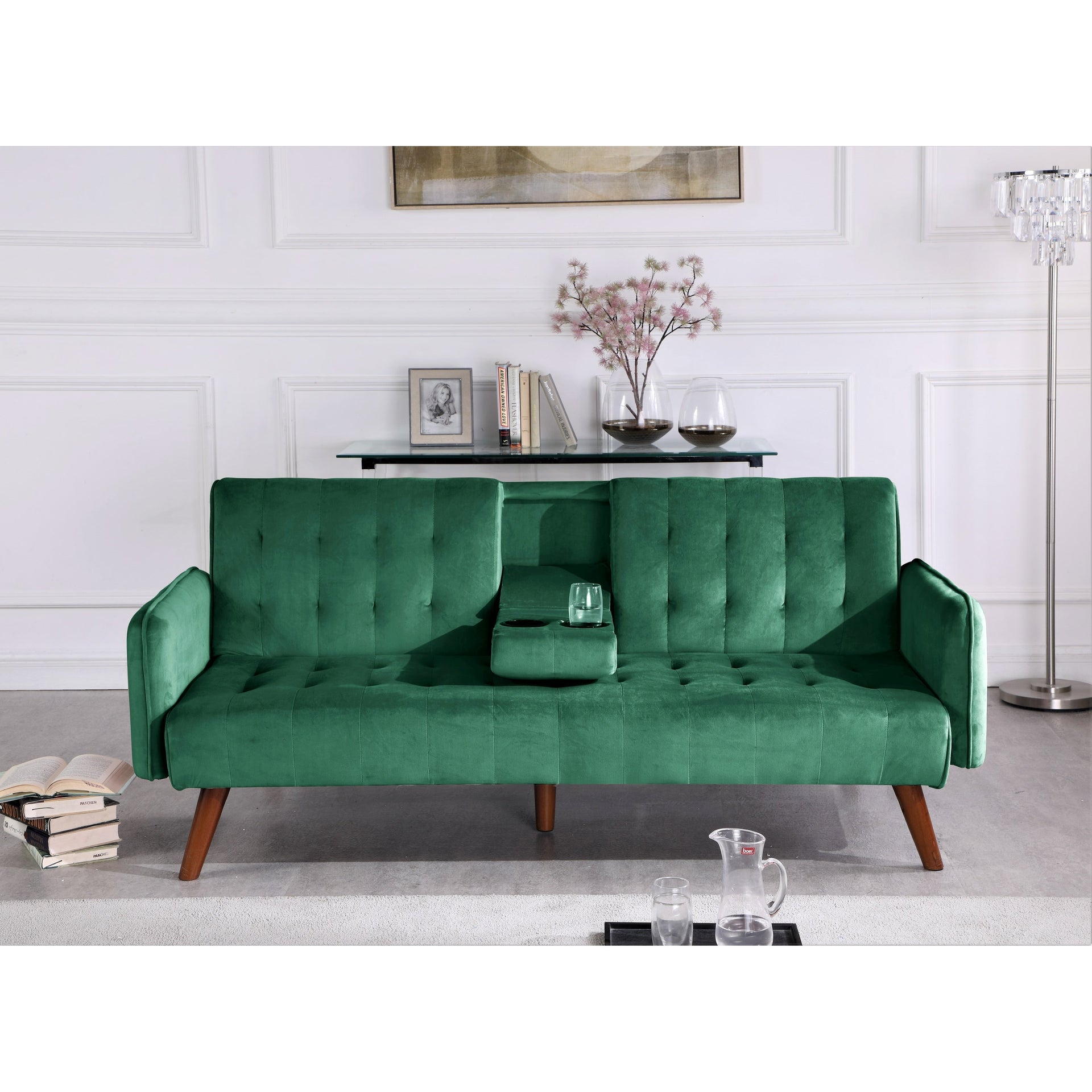 Velvet Upholstered Convertible Folding Futon Sofa Bed Sleeper Couch with 2 Cup Holders for Compact Living Room