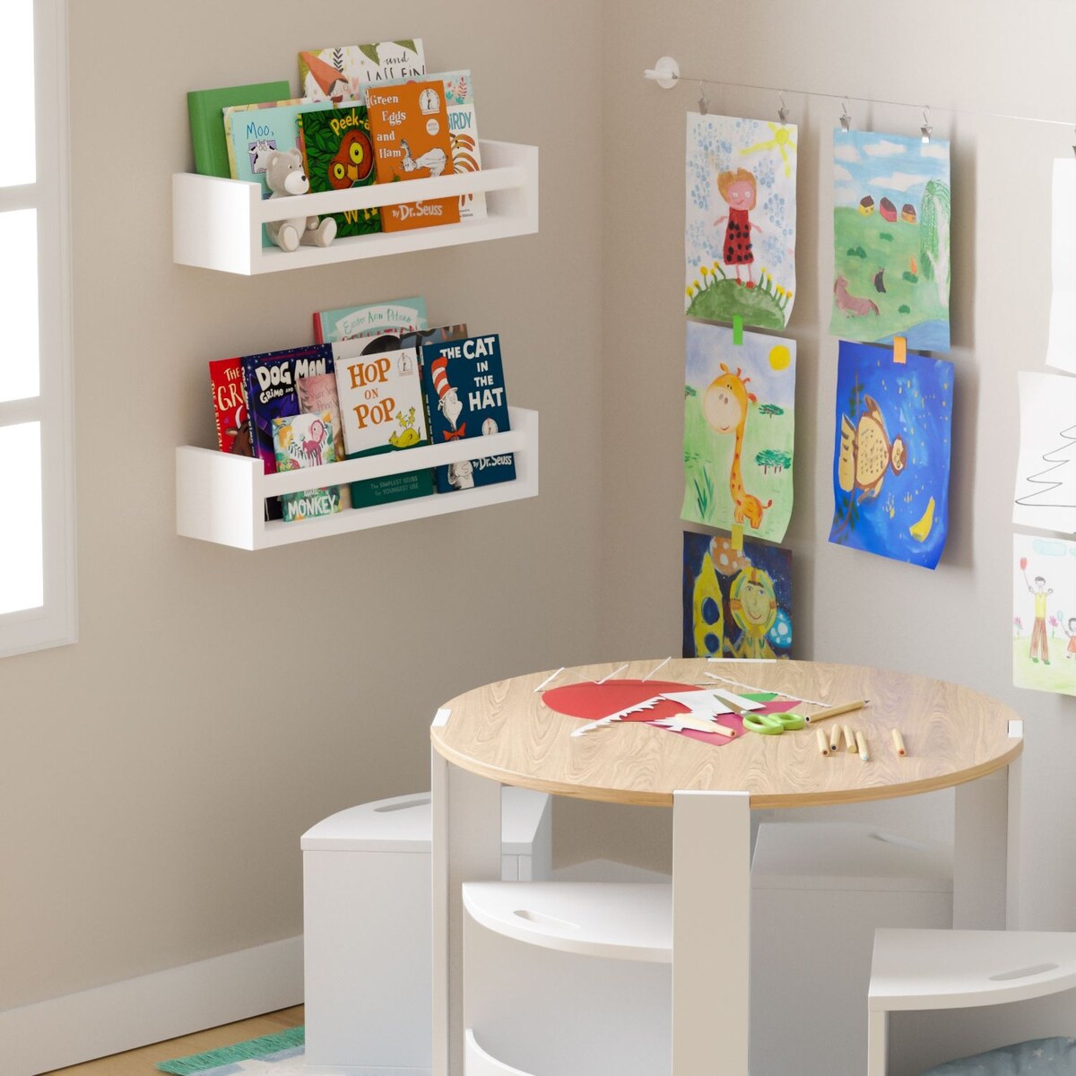 Wallniture Elba Wall Mounted Kids Shelves Nursery Storage Toy Organizer Wood Bookshelf, Set of 2 - N/A