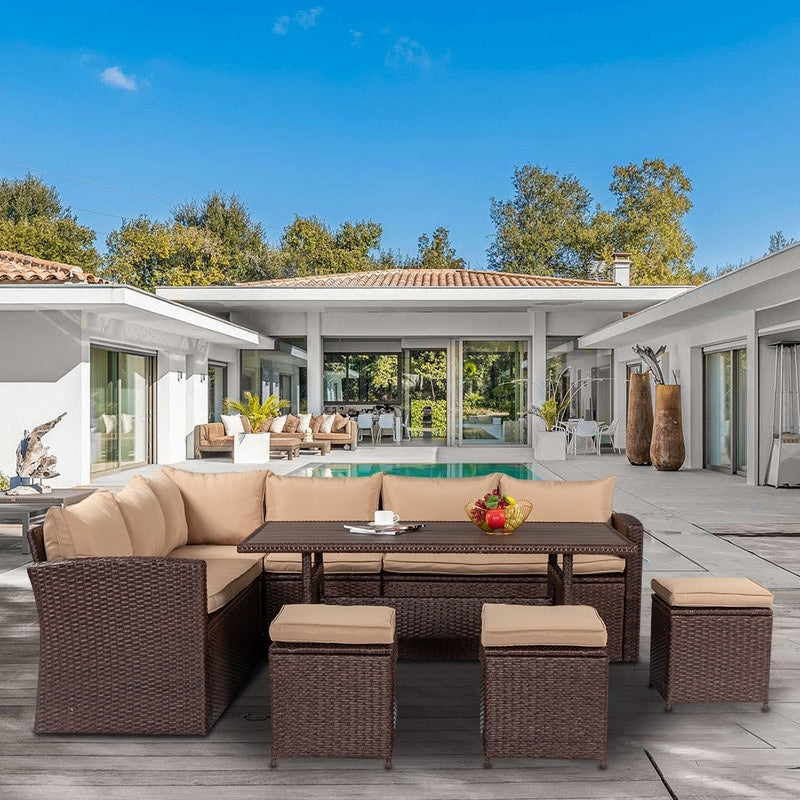 Wicker 9 - Person Outdoor Dining Conversation Set with Cushions